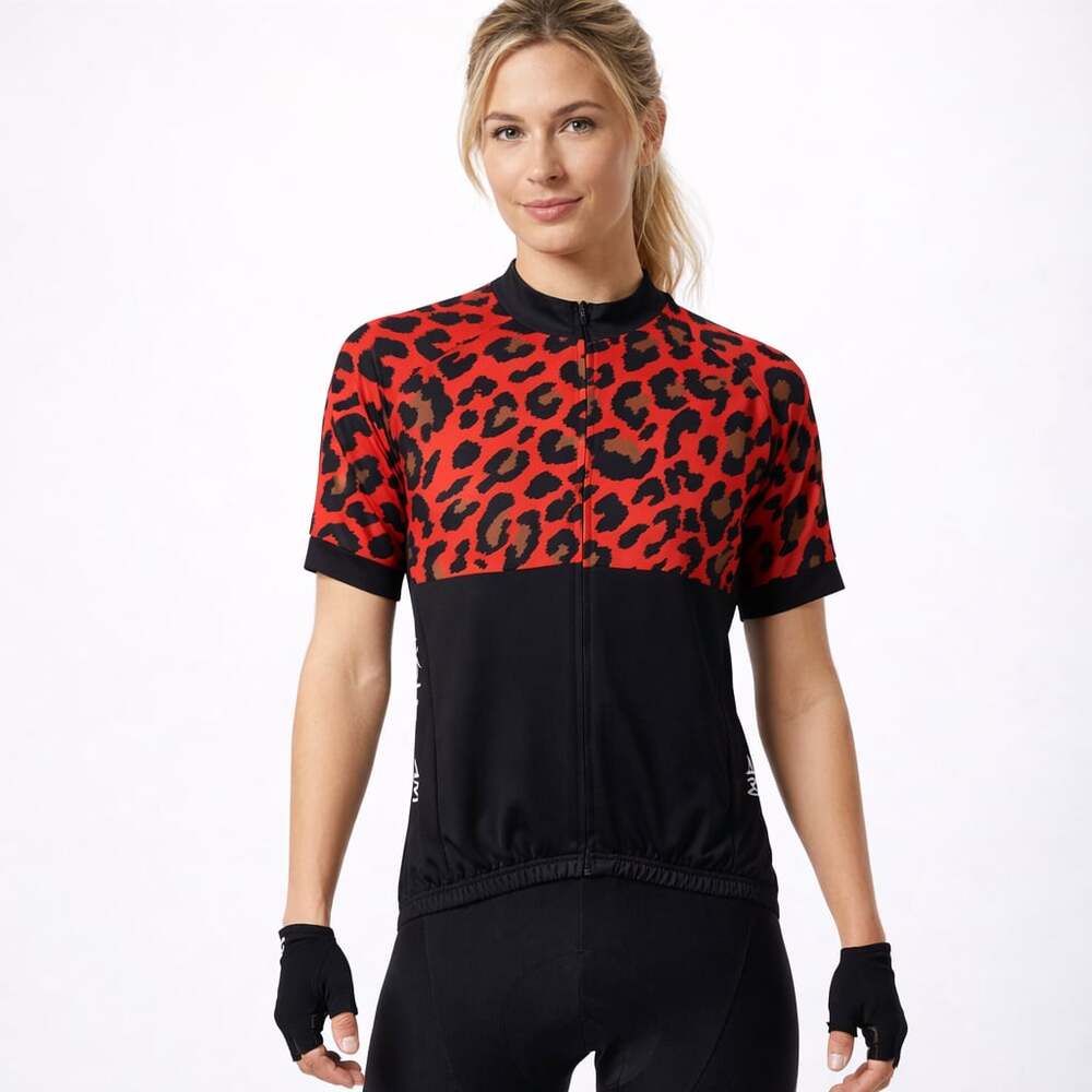 Weimostar Women's Red Leopard Print Short Sleeve Cycling Jersey Size XL